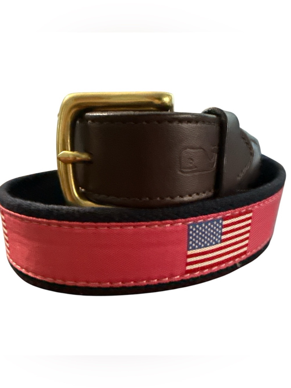 Vineyard Vines American Flag Ribbon Belt Leather Tab Solid Brass Buckle Size 30